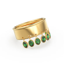 Load image into Gallery viewer, Emerald Dangling Charm 14k Gold Band - Oval Cut Emerald Dangle Ring / Statement Emerald Ring/ Handmade Emerald Ring / Goth Gemstone Ring