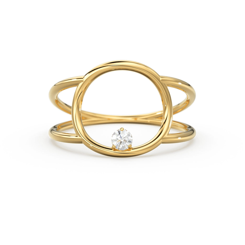Open Circle Diamond Ring in 14k Gold / Dual Shank Unique Diamond Ring / Solitaire Cocktail Ring / Special Gift / Graduation Gift