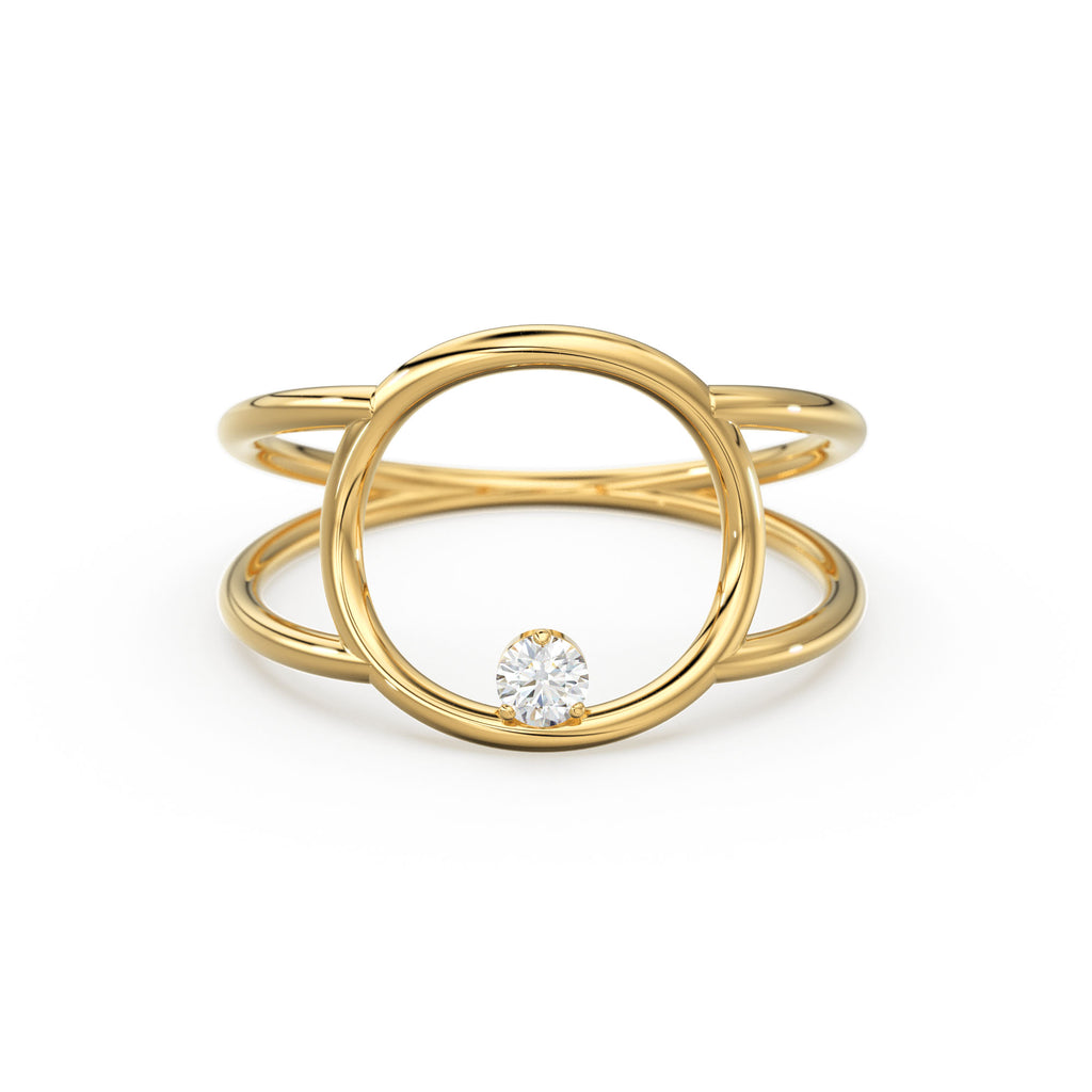Open Circle Diamond Ring in 14k Gold / Dual Shank Unique Diamond Ring / Solitaire Cocktail Ring / Special Gift / Graduation Gift