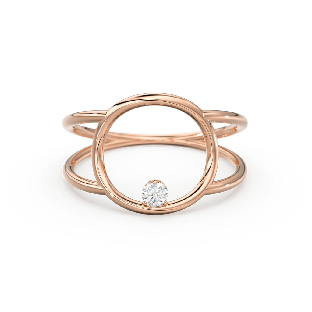 Open Circle Diamond Ring in 14k Gold / Dual Shank Unique Diamond Ring / Solitaire Cocktail Ring / Special Gift / Graduation Gift