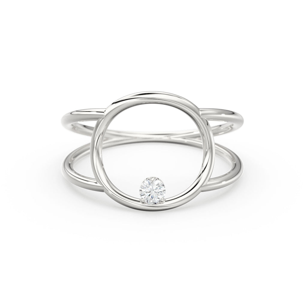 Open Circle Diamond Ring in 14k Gold / Dual Shank Unique Diamond Ring / Solitaire Cocktail Ring / Special Gift / Graduation Gift