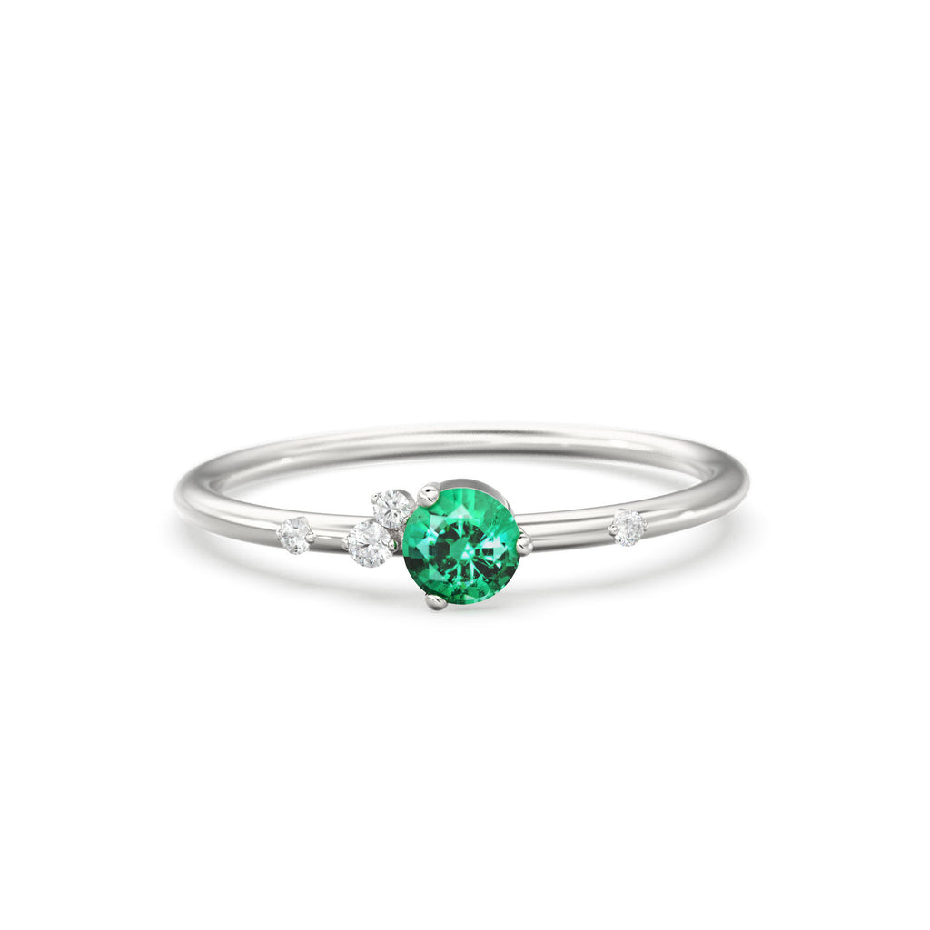 Emerald Engagement Ring in 14k Gold / Diamond Cluster Engagement Ring / Unique Dainty Womens Wedding Ring / Promise Anniversary Gift for Her