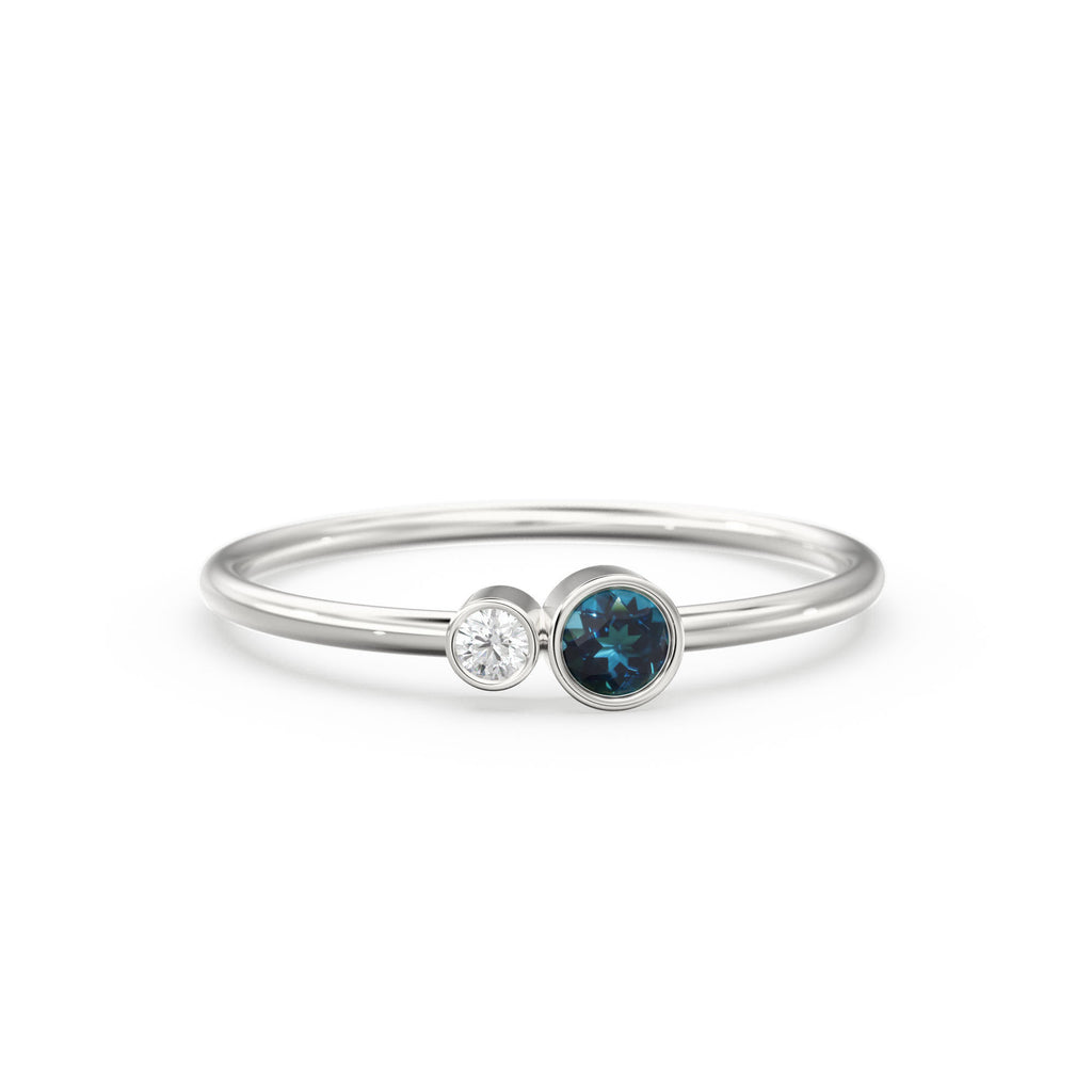London Blue Topaz and Diamond Birthstone Ring / 14K Gold London Blue Topaz and Diamond Gift for Her / December Birthstone Ring