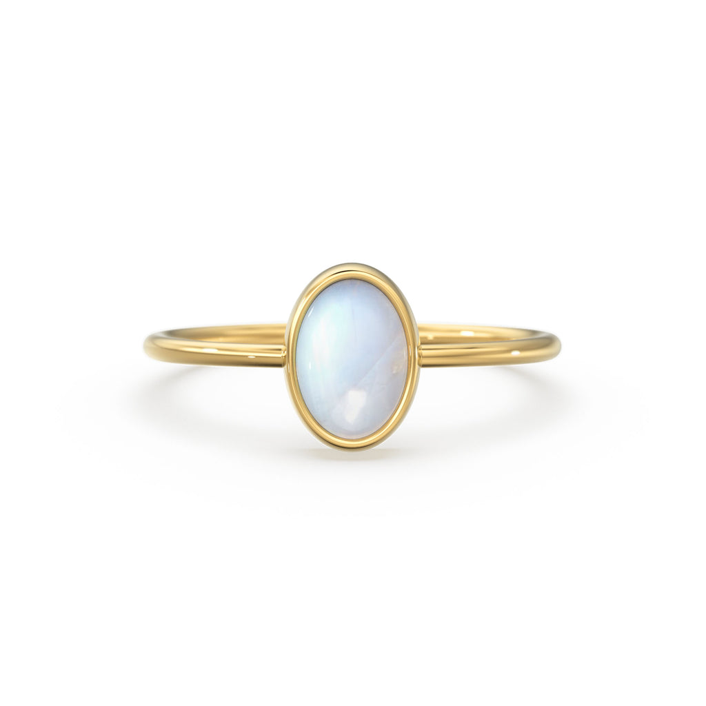 Rainbow Moonstone Ring / Moonstone Engagement Ring 14k Gold / Oval Natural Blue Moonstone Bezel Ring / June Birthstone / Promise Ring