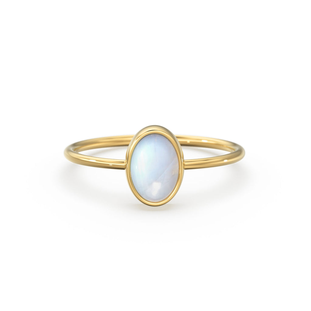 Rainbow Moonstone Ring / Moonstone Engagement Ring 14k Gold / Oval Natural Blue Moonstone Bezel Ring / June Birthstone / Promise Ring