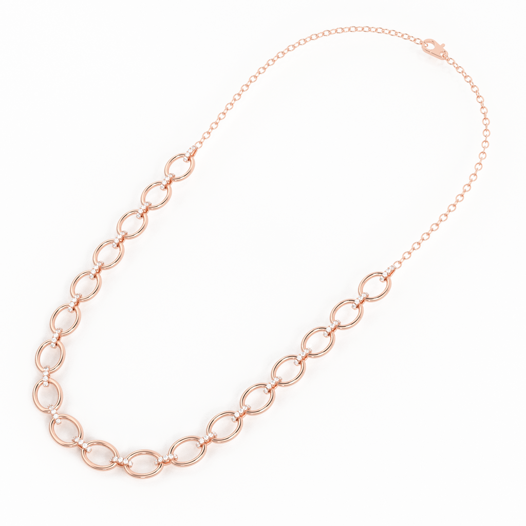Link Chain Diamond Necklace / 14k gold French Pave Set Diamond Handmade Necklace / Puff Mariner Adjustable Necklace