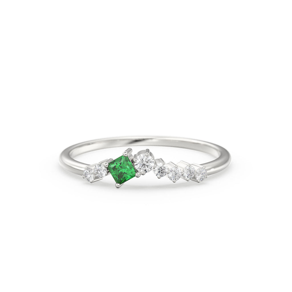 Natural Emerald Ring / 14k Gold Princess Cut Emerald Ring for Women / Emerald and diamond cluster rings / Emerald engagement ring