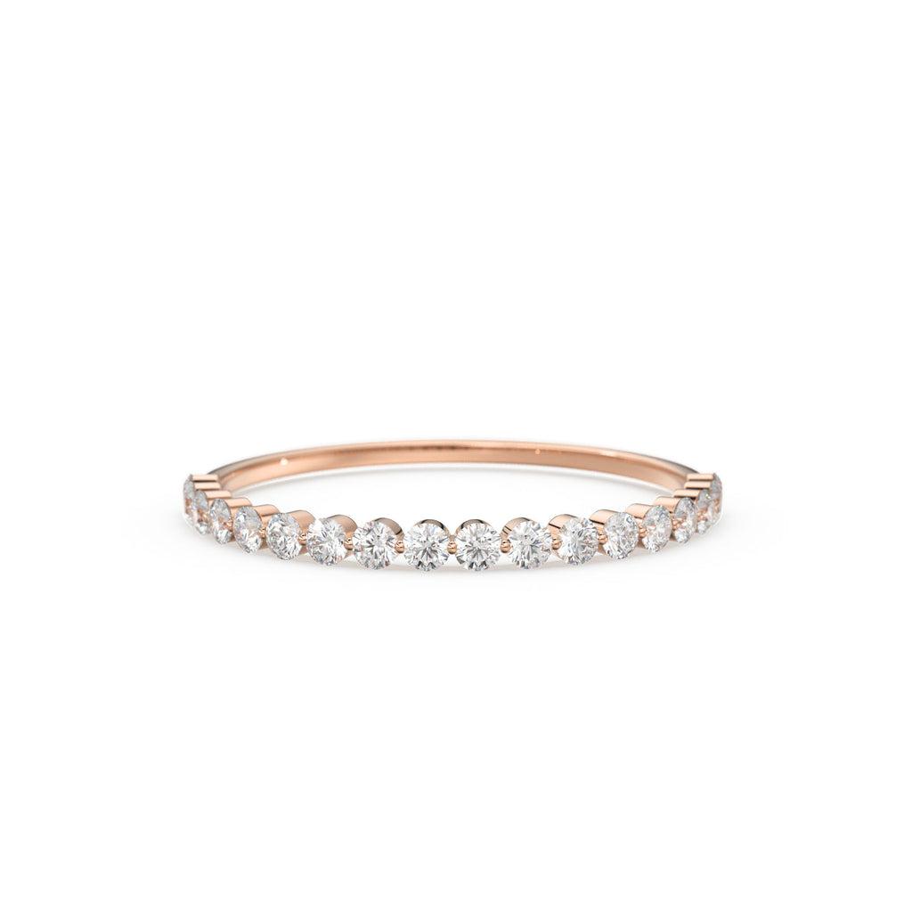 Diamond Wedding Band / 14kt Solid Gold Round Diamond Shared-Prong Ring / Rose Gold Single Shared Prong Half Diamond Eternity Wedding Band