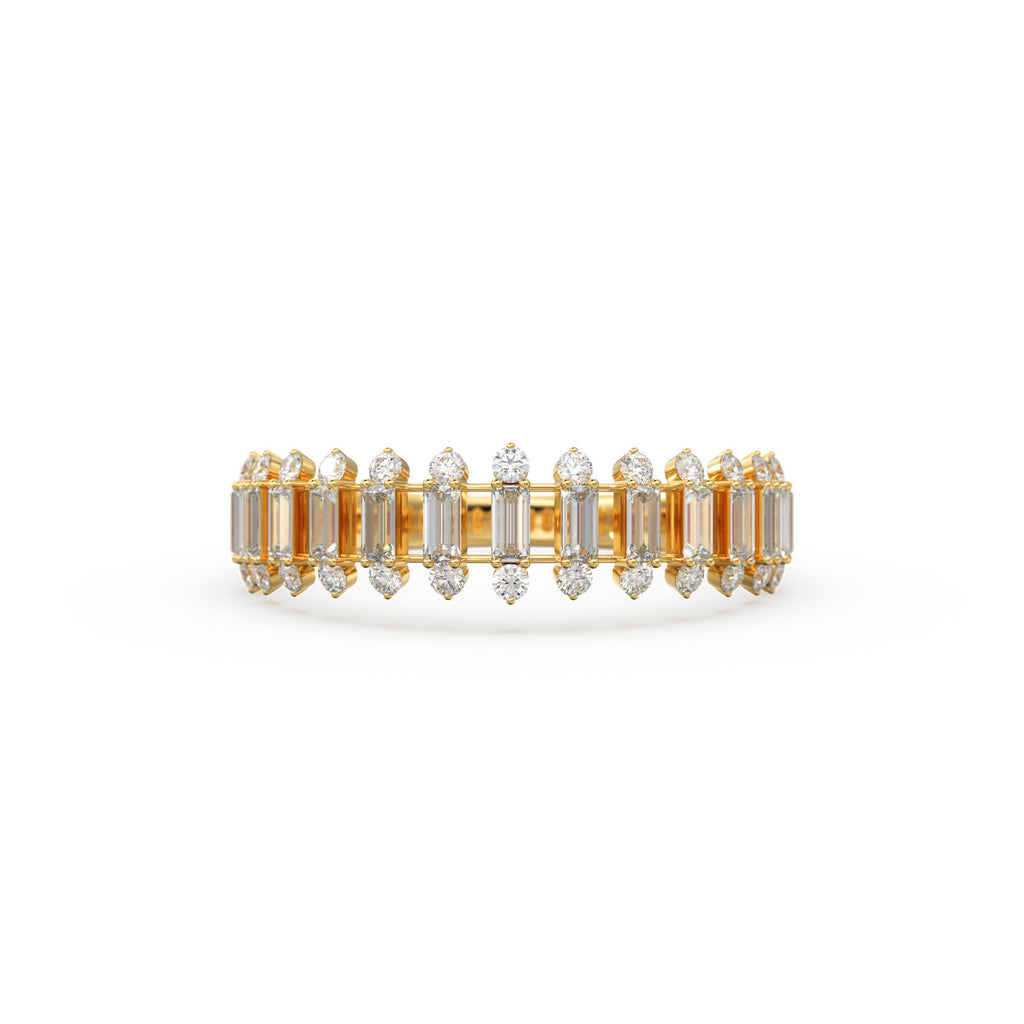 Baguette Diamond Anniversary Ring / 14k Gold Half Eternity Baguette and Round Diamond / Statement Brilliant Round Cut Ring