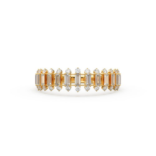 Baguette Diamond Anniversary Ring / 14k Gold Half Eternity Baguette and Round Diamond / Statement Brilliant Round Cut Ring