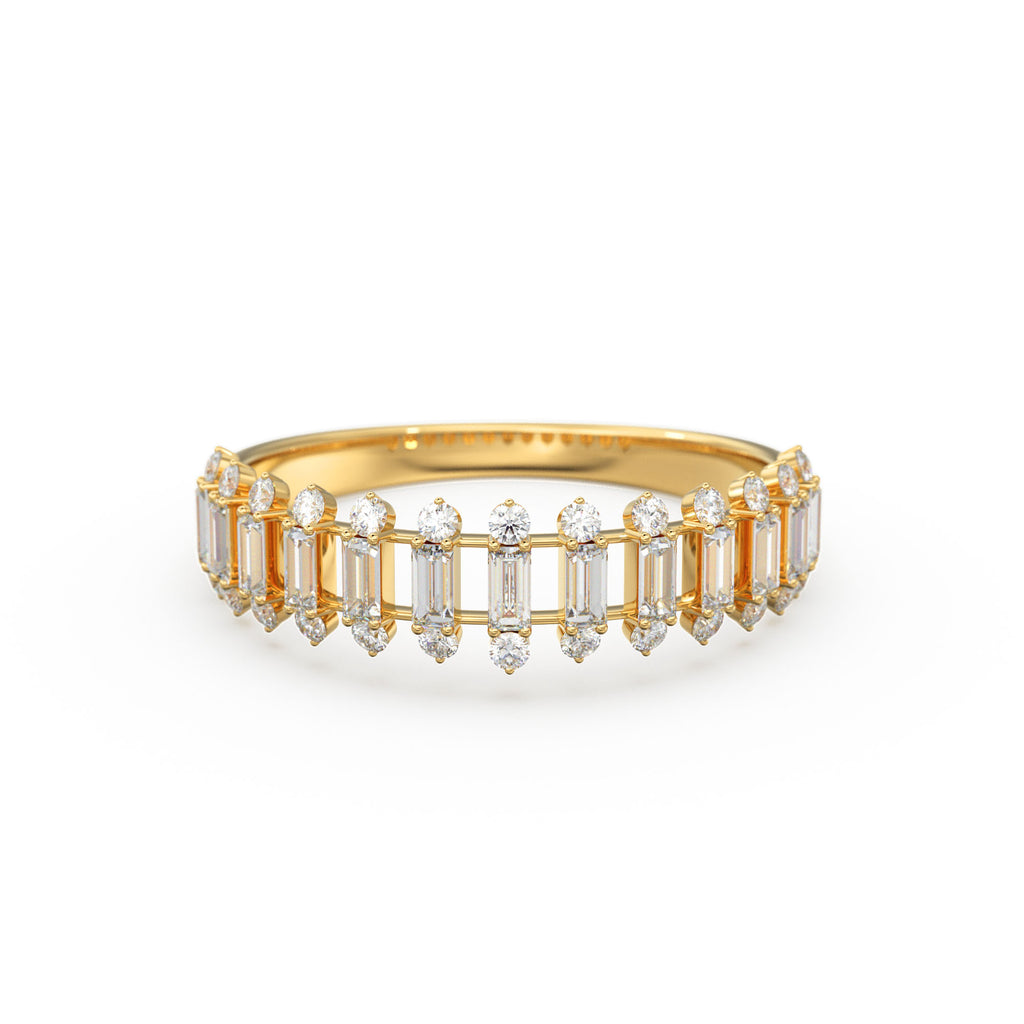 Baguette Diamond Anniversary Ring / 14k Gold Half Eternity Baguette and Round Diamond / Statement Brilliant Round Cut Ring
