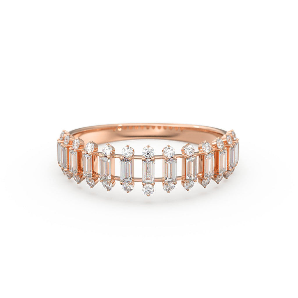 Baguette Diamond Anniversary Ring / 14k Gold Half Eternity Baguette and Round Diamond / Statement Brilliant Round Cut Ring