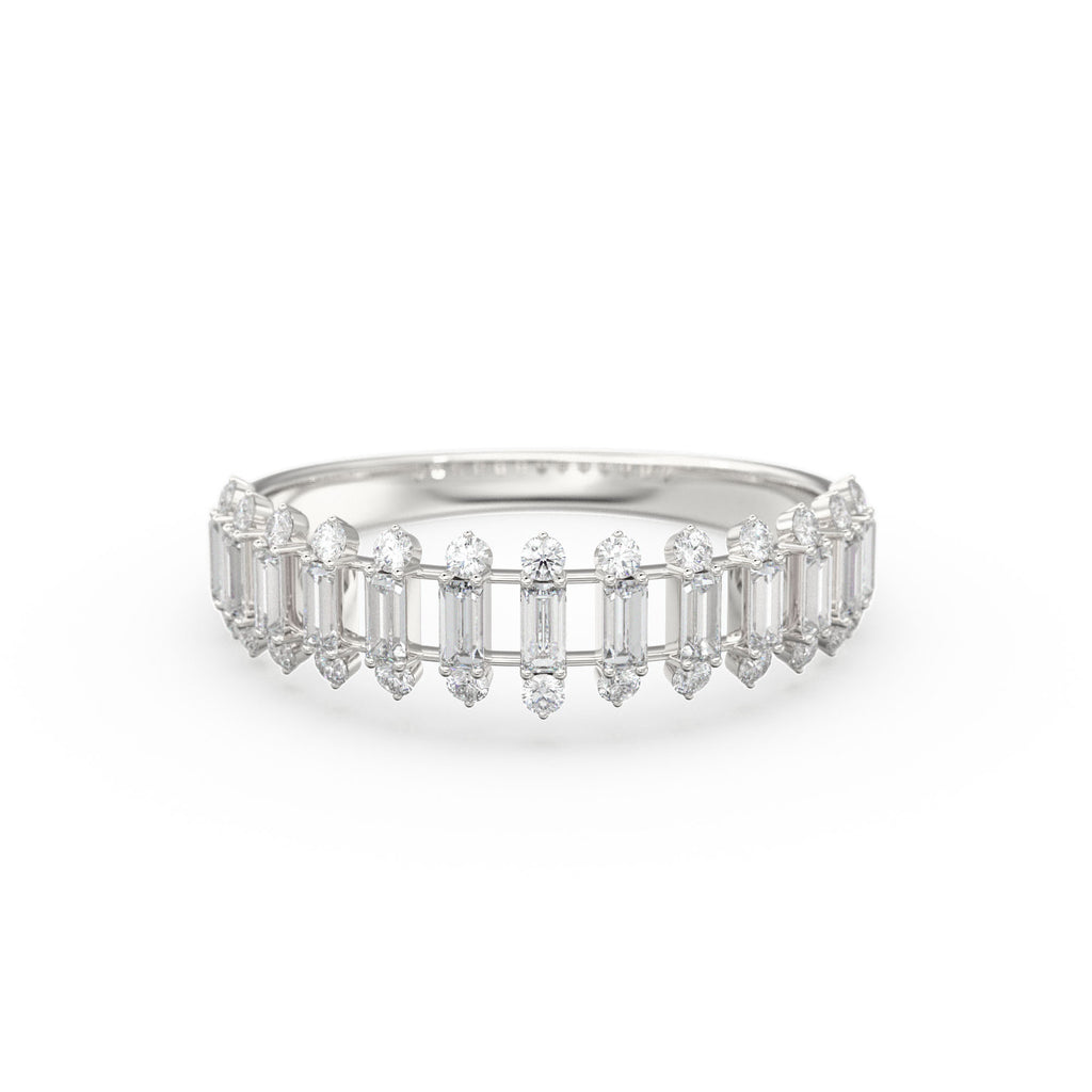 Baguette Diamond Anniversary Ring / 14k Gold Half Eternity Baguette and Round Diamond / Statement Brilliant Round Cut Ring