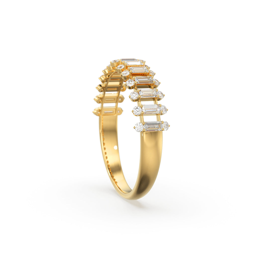 Baguette Diamond Anniversary Ring / 14k Gold Half Eternity Baguette and Round Diamond / Statement Brilliant Round Cut Ring