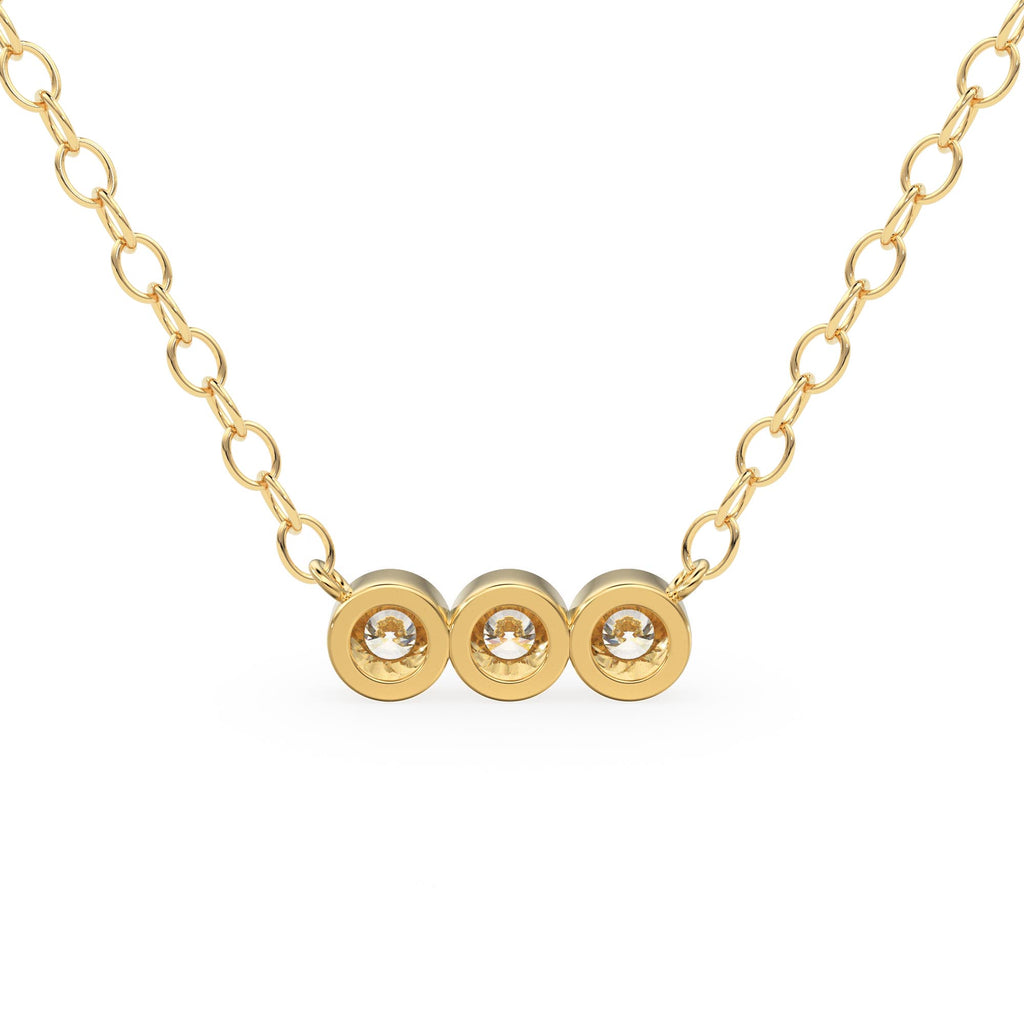 Bezel Set Diamond Necklace / 14k gold 3 bezel set diamond horizontal bar necklace with 3pt white diamonds/ Trio Dainty Diamond Necklace