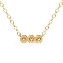 Load image into Gallery viewer, Bezel Set Diamond Necklace / 14k gold 3 bezel set diamond horizontal bar necklace with 3pt white diamonds/ Trio Dainty Diamond Necklace