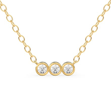Load image into Gallery viewer, Bezel Set Diamond Necklace / 14k gold 3 bezel set diamond horizontal bar necklace with 3pt white diamonds/ Trio Dainty Diamond Necklace
