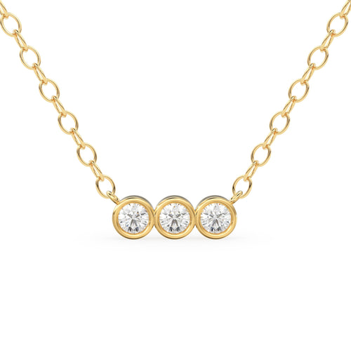 Bezel Set Diamond Necklace / 14k gold 3 bezel set diamond horizontal bar necklace with 3pt white diamonds/ Trio Dainty Diamond Necklace