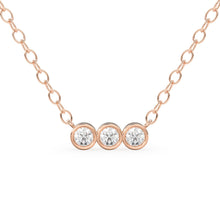 Load image into Gallery viewer, Bezel Set Diamond Necklace / 14k gold 3 bezel set diamond horizontal bar necklace with 3pt white diamonds/ Trio Dainty Diamond Necklace