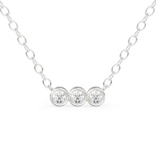 Load image into Gallery viewer, Bezel Set Diamond Necklace / 14k gold 3 bezel set diamond horizontal bar necklace with 3pt white diamonds/ Trio Dainty Diamond Necklace
