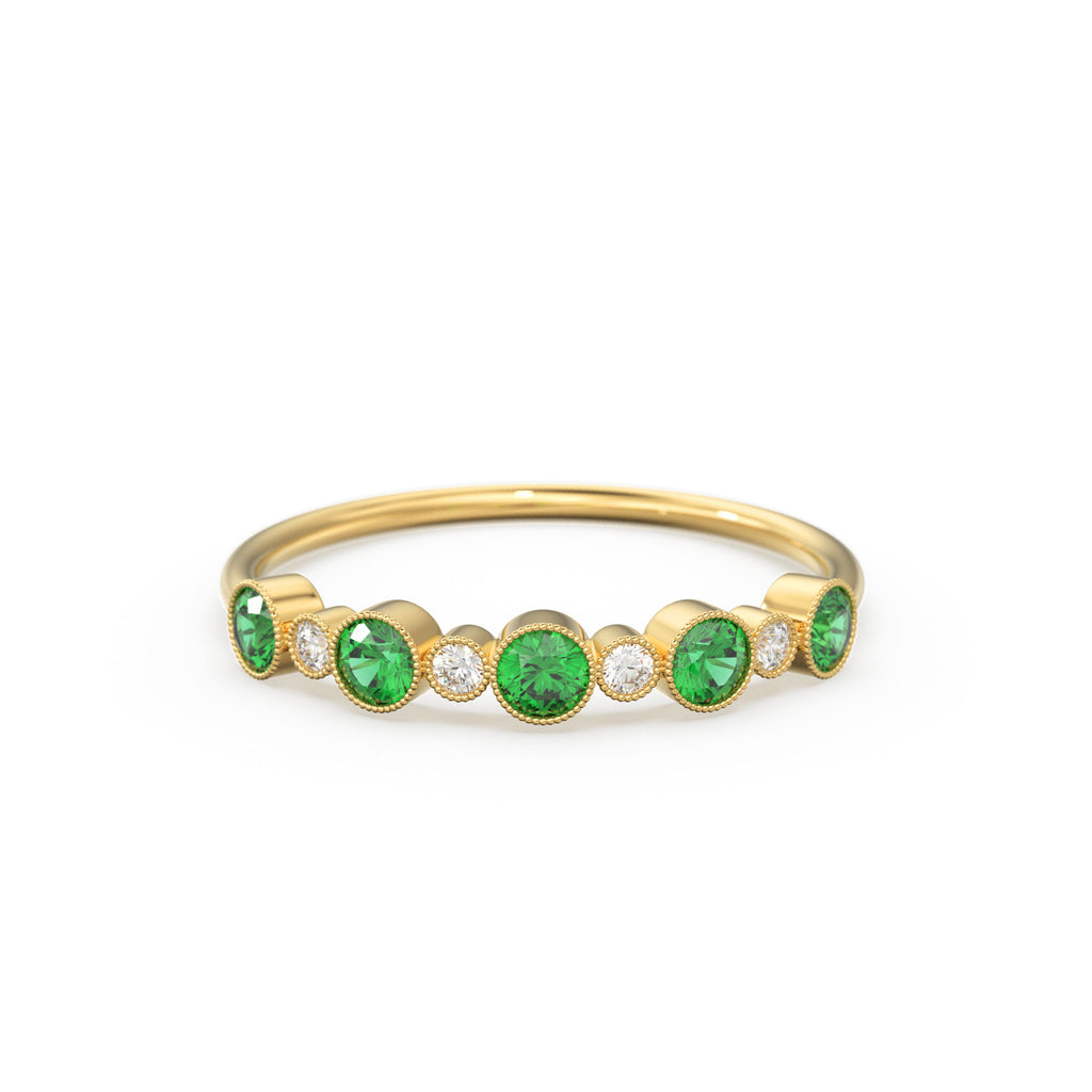 14k Gold Emerald and Diamond Alternating Wedding Ring Women / Emerald Ring / Emerald Wedding Band / May Birthstone Ring / Genuine Emerald