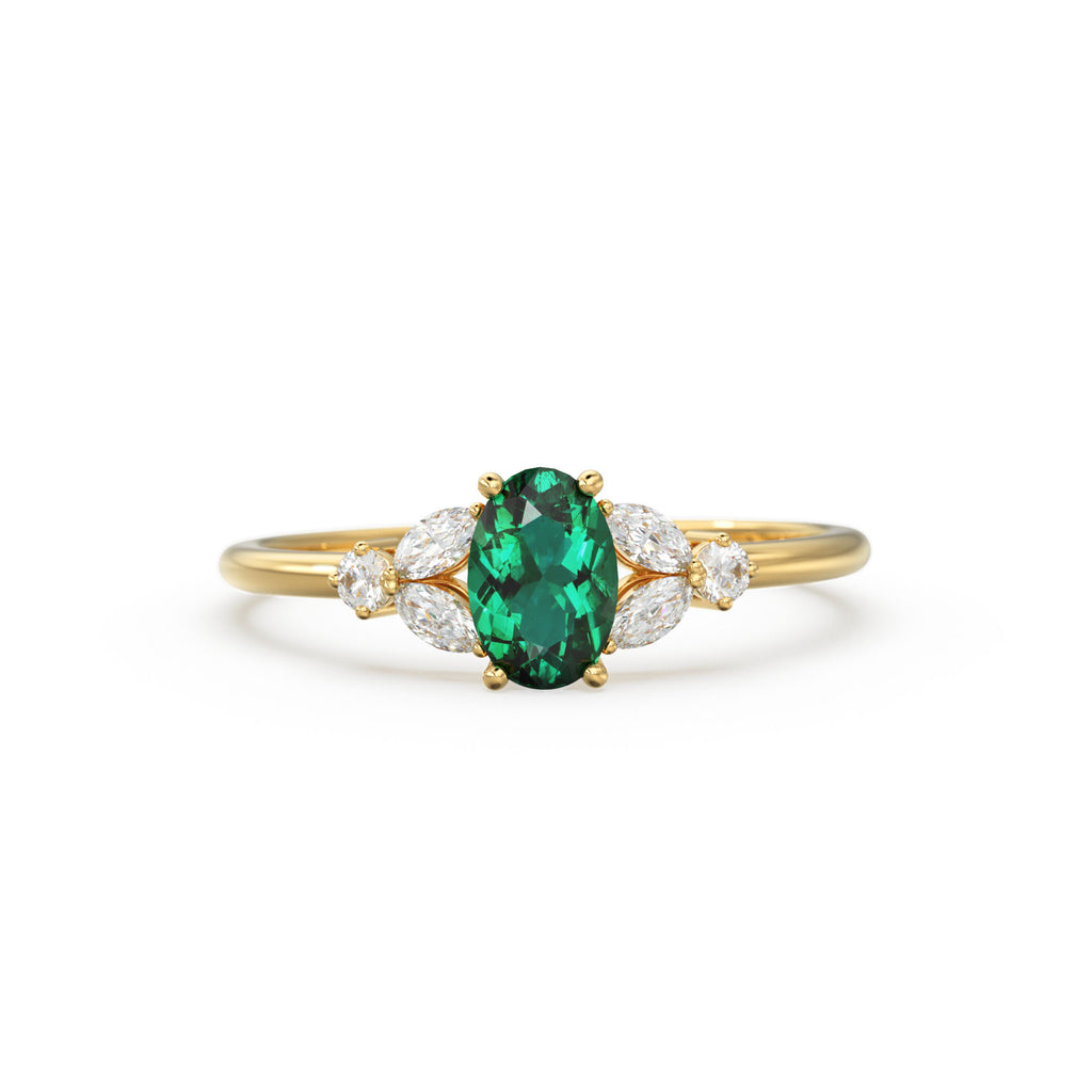 Genuine Emerald Engagement Ring in 14k Gold/ Natural Emerald Diamond Ring Available in Gold, Rose Gold White Gold