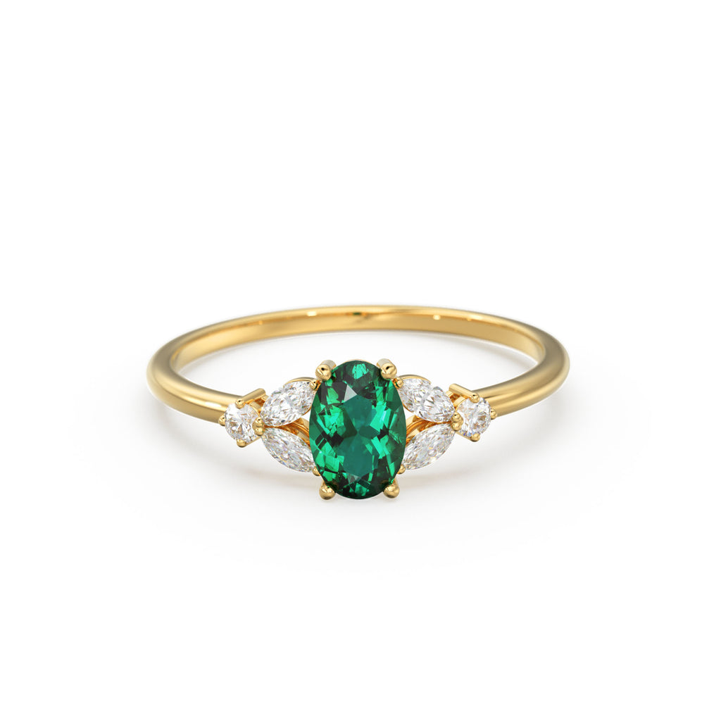 Genuine Emerald Engagement Ring in 14k Gold/ Natural Emerald Diamond Ring Available in Gold, Rose Gold White Gold