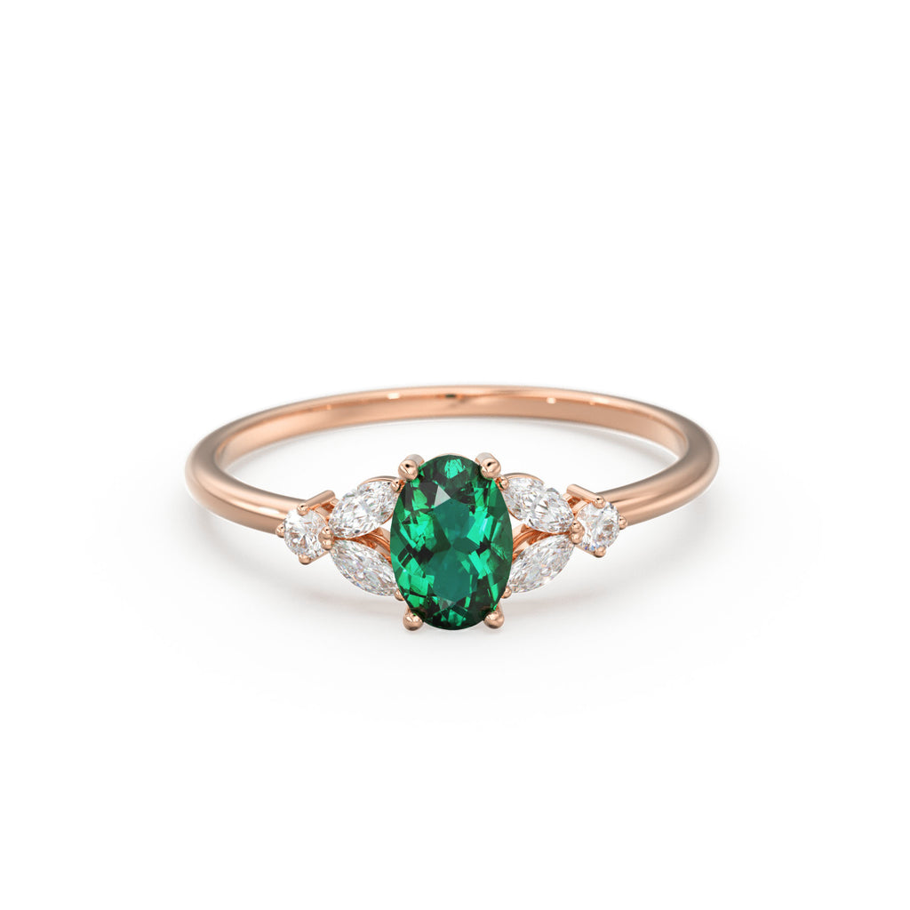 Genuine Emerald Engagement Ring in 14k Gold/ Natural Emerald Diamond Ring Available in Gold, Rose Gold White Gold