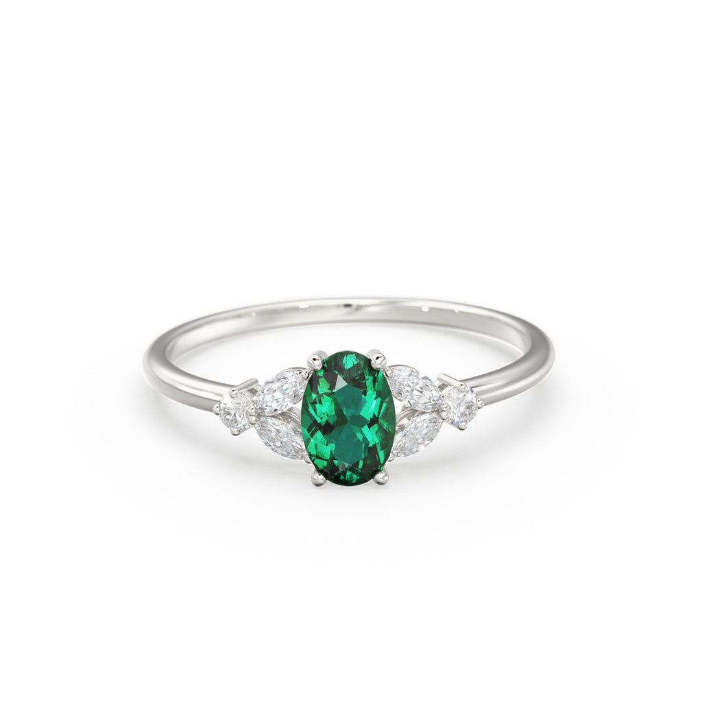 Genuine Emerald Engagement Ring in 14k Gold/ Natural Emerald Diamond Ring Available in Gold, Rose Gold White Gold