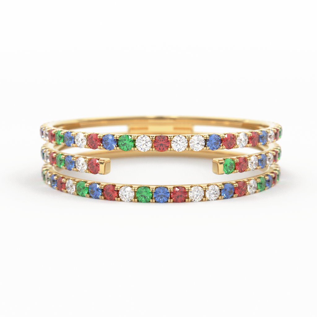 Gradient Micro Pave Rainbow Eternity Ring / 3 Row Band / Cocktail Ring / 14k Gold/ Blue Sapphire, Emerald, Ruby Orange Sapphire, Ruby Ring