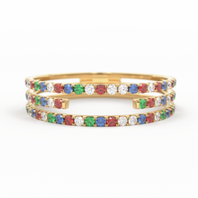 Load image into Gallery viewer, Gradient Micro Pave Rainbow Eternity Ring / 3 Row Band / Cocktail Ring / 14k Gold/ Blue Sapphire, Emerald, Ruby Orange Sapphire, Ruby Ring