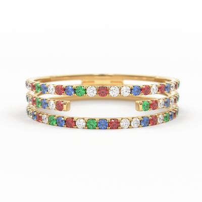 Gradient Micro Pave Rainbow Eternity Ring / 3 Row Band / Cocktail Ring / 14k Gold/ Blue Sapphire, Emerald, Ruby Orange Sapphire, Ruby Ring