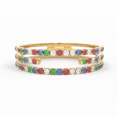 Gradient Micro Pave Rainbow Eternity Ring / 3 Row Band / Cocktail Ring / 14k Gold/ Blue Sapphire, Emerald, Ruby Orange Sapphire, Ruby Ring