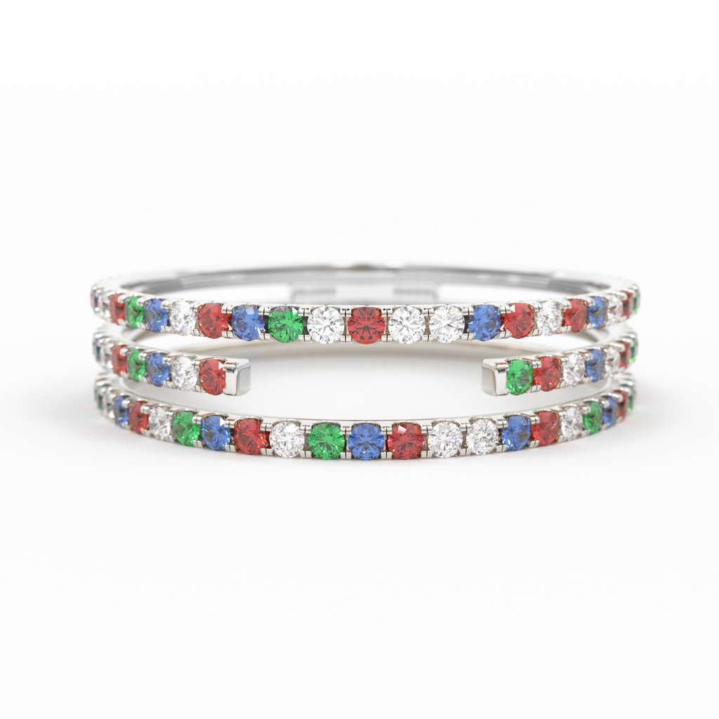 Gradient Micro Pave Rainbow Eternity Ring / 3 Row Band / Cocktail Ring / 14k Gold/ Blue Sapphire, Emerald, Ruby Orange Sapphire, Ruby Ring