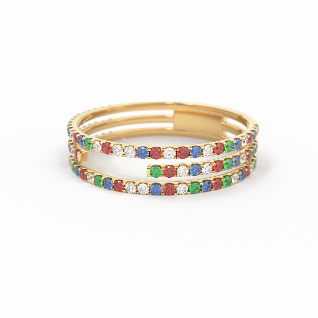 Gradient Micro Pave Rainbow Eternity Ring / 3 Row Band / Cocktail Ring / 14k Gold/ Blue Sapphire, Emerald, Ruby Orange Sapphire, Ruby Ring