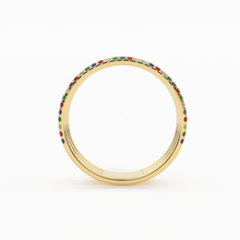 Load image into Gallery viewer, Gradient Micro Pave Rainbow Eternity Ring / 3 Row Band / Cocktail Ring / 14k Gold/ Blue Sapphire, Emerald, Ruby Orange Sapphire, Ruby Ring