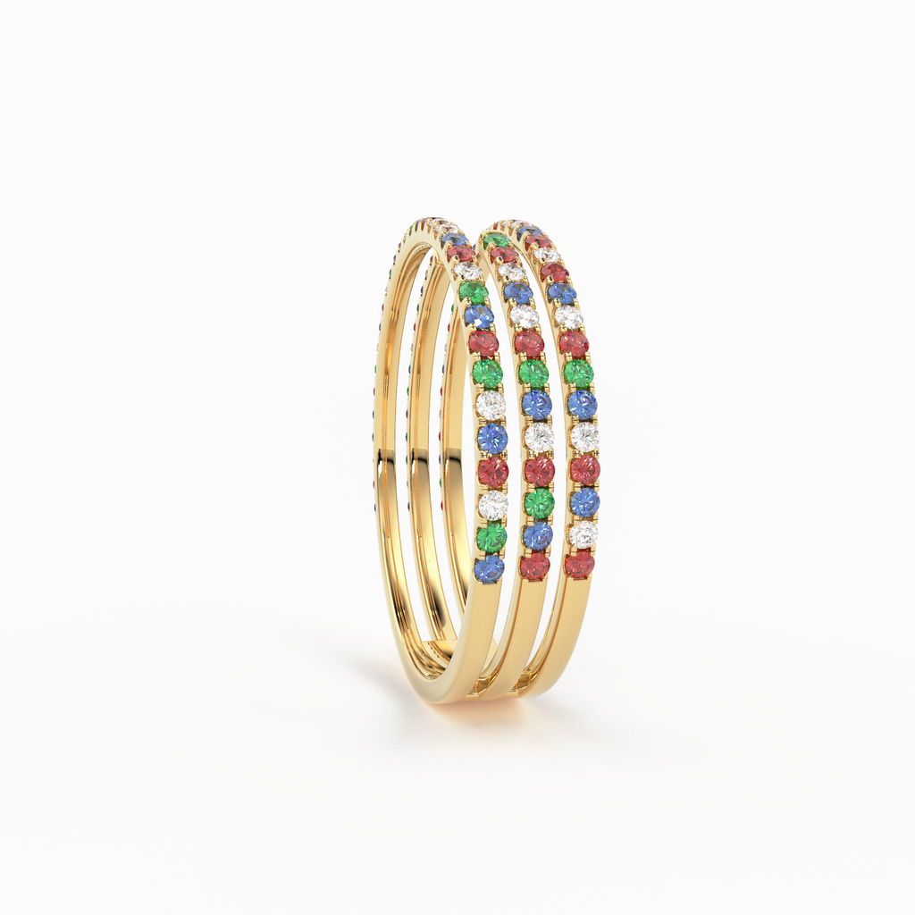 Gradient Micro Pave Rainbow Eternity Ring / 3 Row Band / Cocktail Ring / 14k Gold/ Blue Sapphire, Emerald, Ruby Orange Sapphire, Ruby Ring