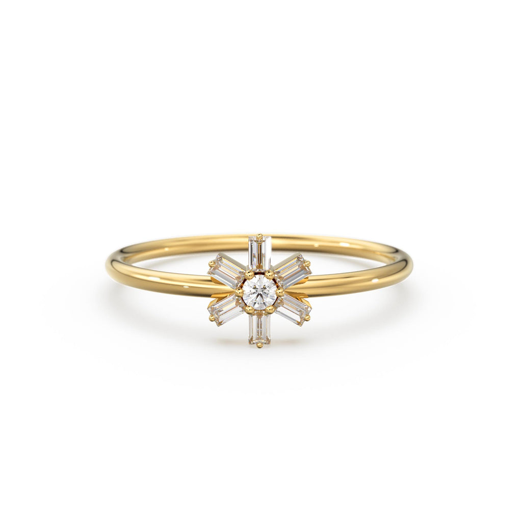 Diamond Ring / 14k Gold Baguette Diamond Flower Ring / Minimalist Promise Ring / Birthday Gift For Her / Rose Gold / White Gold