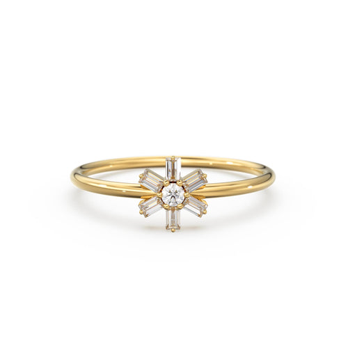 Diamond Ring / 14k Gold Baguette Diamond Flower Ring / Minimalist Promise Ring / Birthday Gift For Her / Rose Gold / White Gold