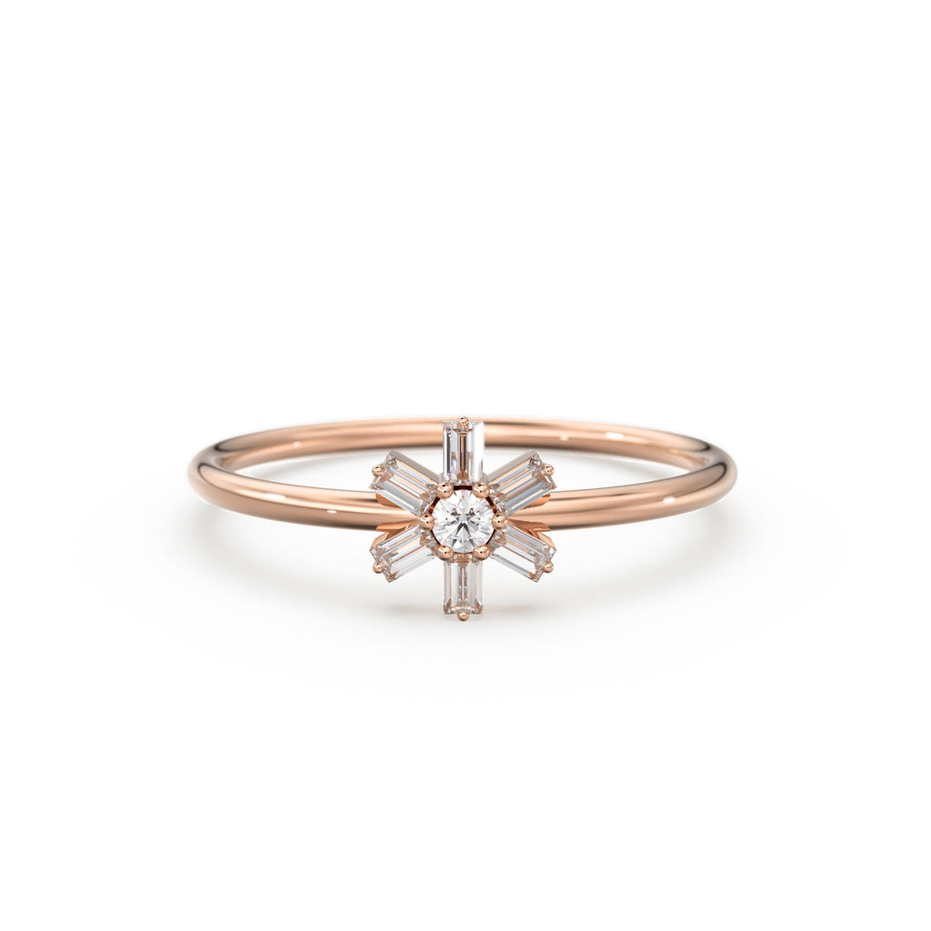 Diamond Ring / 14k Gold Baguette Diamond Flower Ring / Minimalist Promise Ring / Birthday Gift For Her / Rose Gold / White Gold