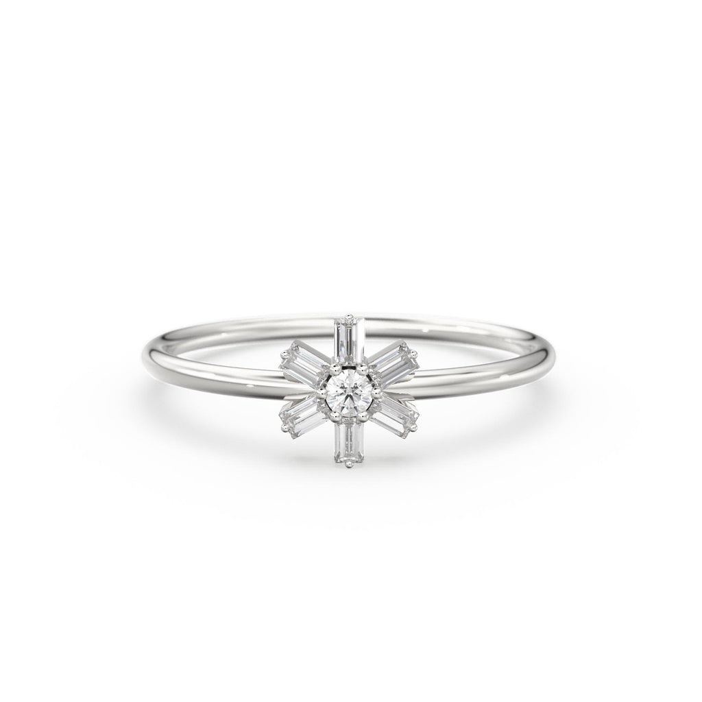 Diamond Ring / 14k Gold Baguette Diamond Flower Ring / Minimalist Promise Ring / Birthday Gift For Her / Rose Gold / White Gold