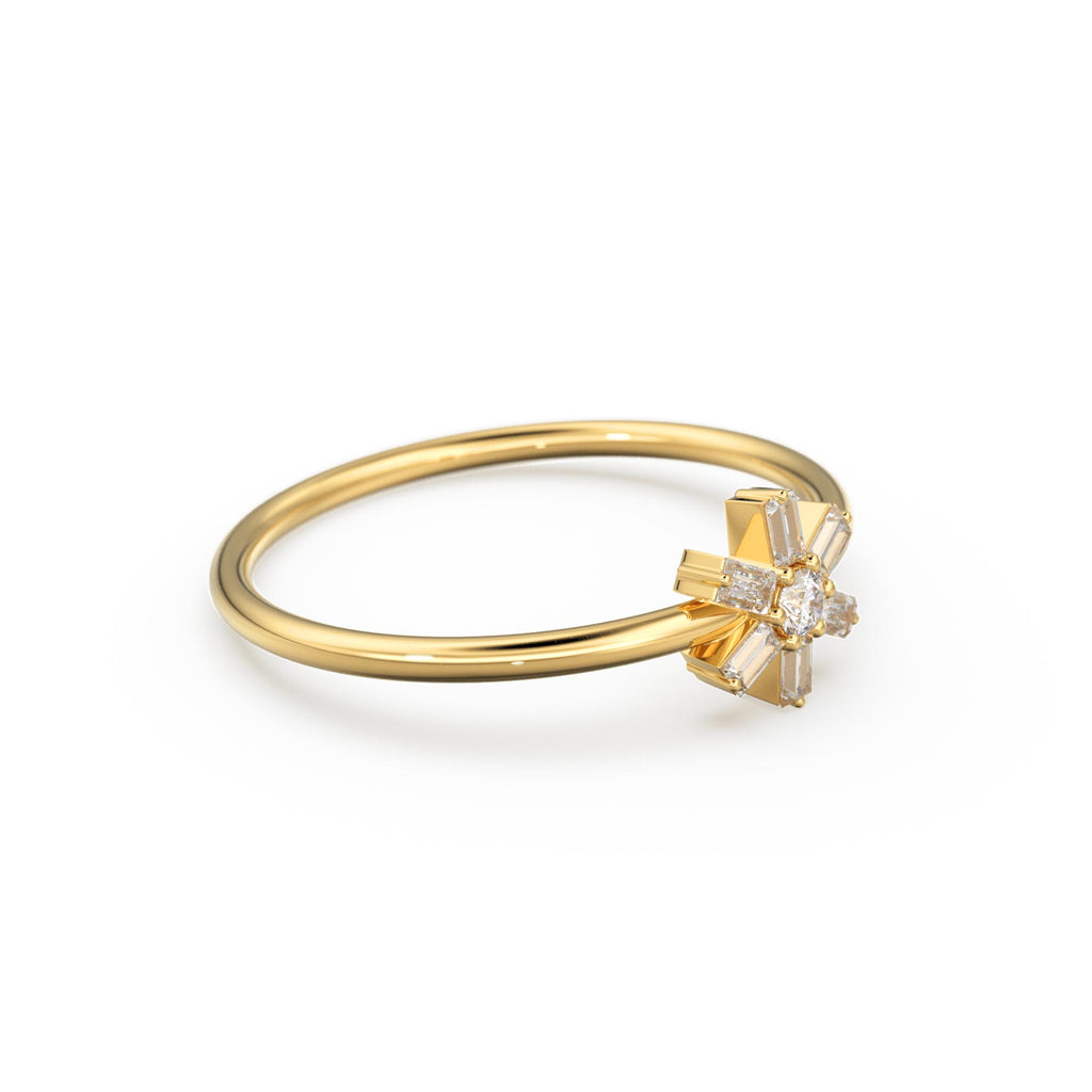 Diamond Ring / 14k Gold Baguette Diamond Flower Ring / Minimalist Promise Ring / Birthday Gift For Her / Rose Gold / White Gold