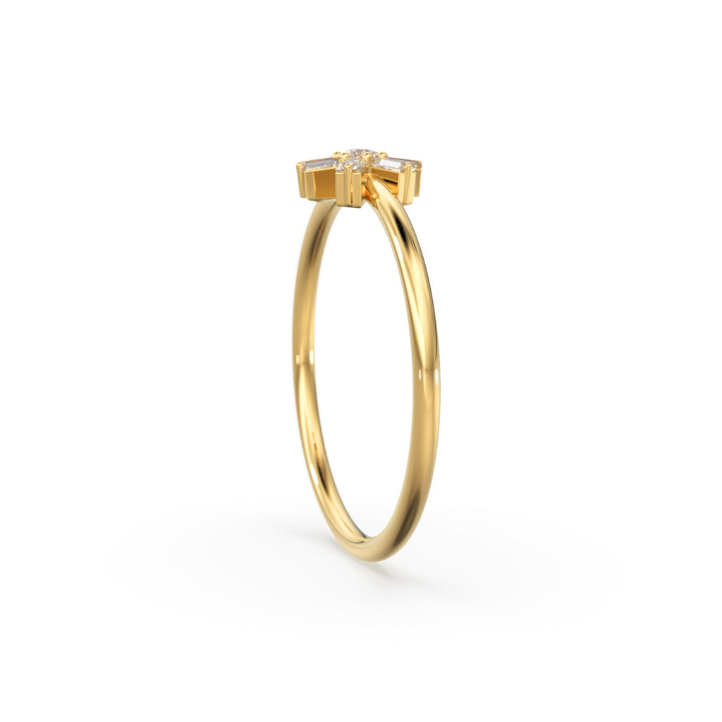 Diamond Ring / 14k Gold Baguette Diamond Flower Ring / Minimalist Promise Ring / Birthday Gift For Her / Rose Gold / White Gold