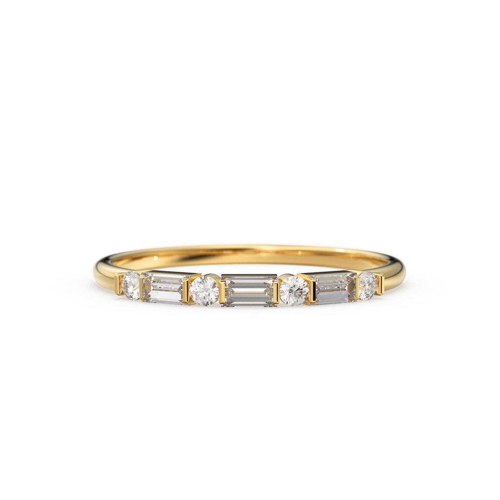 Alternating Baguette Round Diamond Wedding Ring / Baguette Ring / 14k Stacking  Ring / Half Eternity Diamond Ring / Petite Stackable Ring