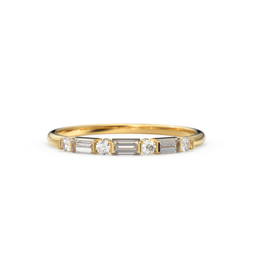 Alternating Baguette Round Diamond Wedding Ring / Baguette Ring / 14k Stacking  Ring / Half Eternity Diamond Ring / Petite Stackable Ring