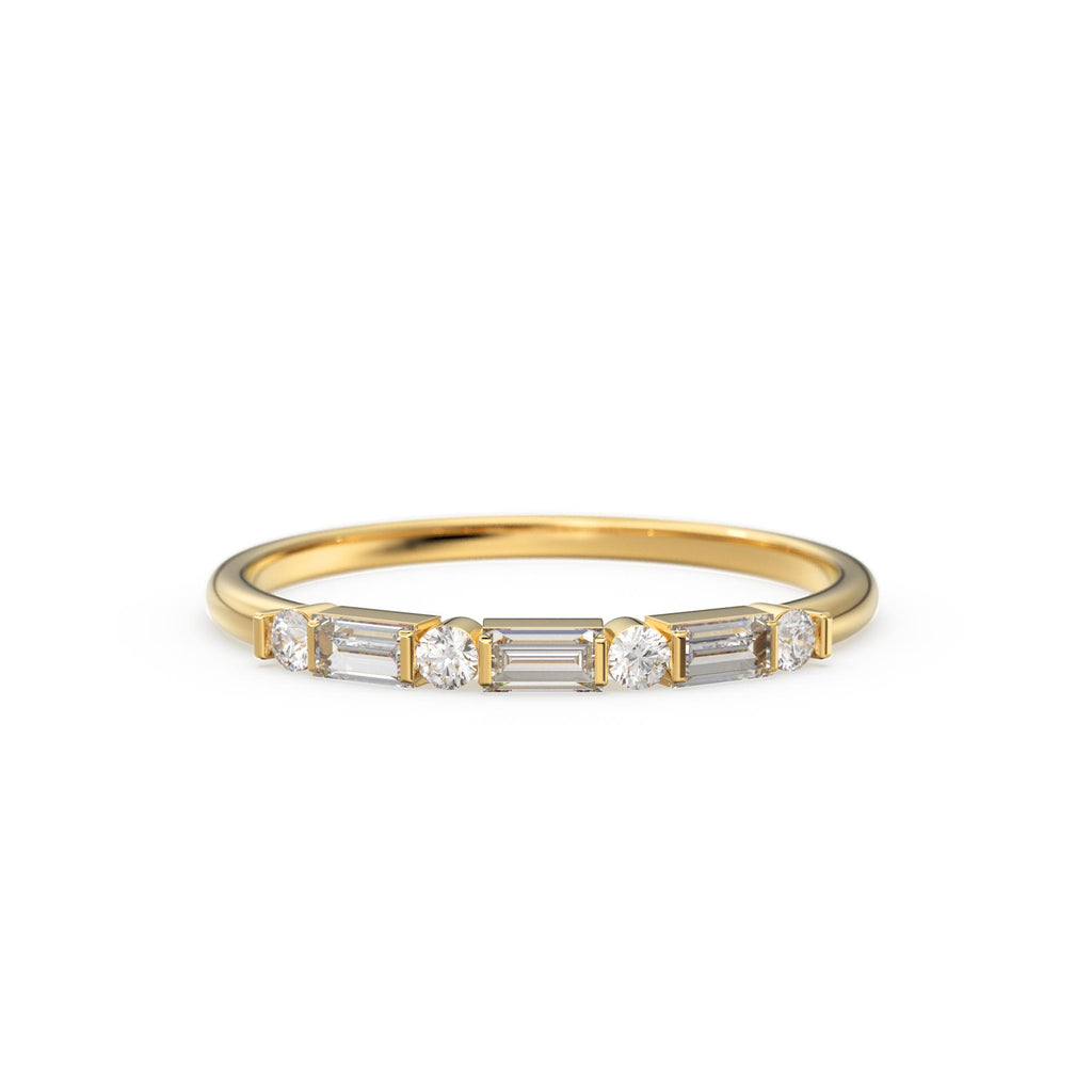 Alternating Baguette Round Diamond Wedding Ring / Baguette Ring / 14k Stacking  Ring / Half Eternity Diamond Ring / Petite Stackable Ring