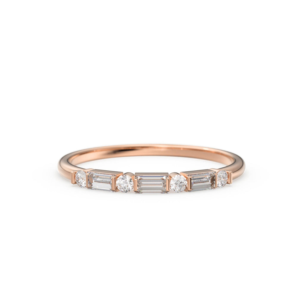 Alternating Baguette Round Diamond Wedding Ring / Baguette Ring / 14k Stacking  Ring / Half Eternity Diamond Ring / Petite Stackable Ring