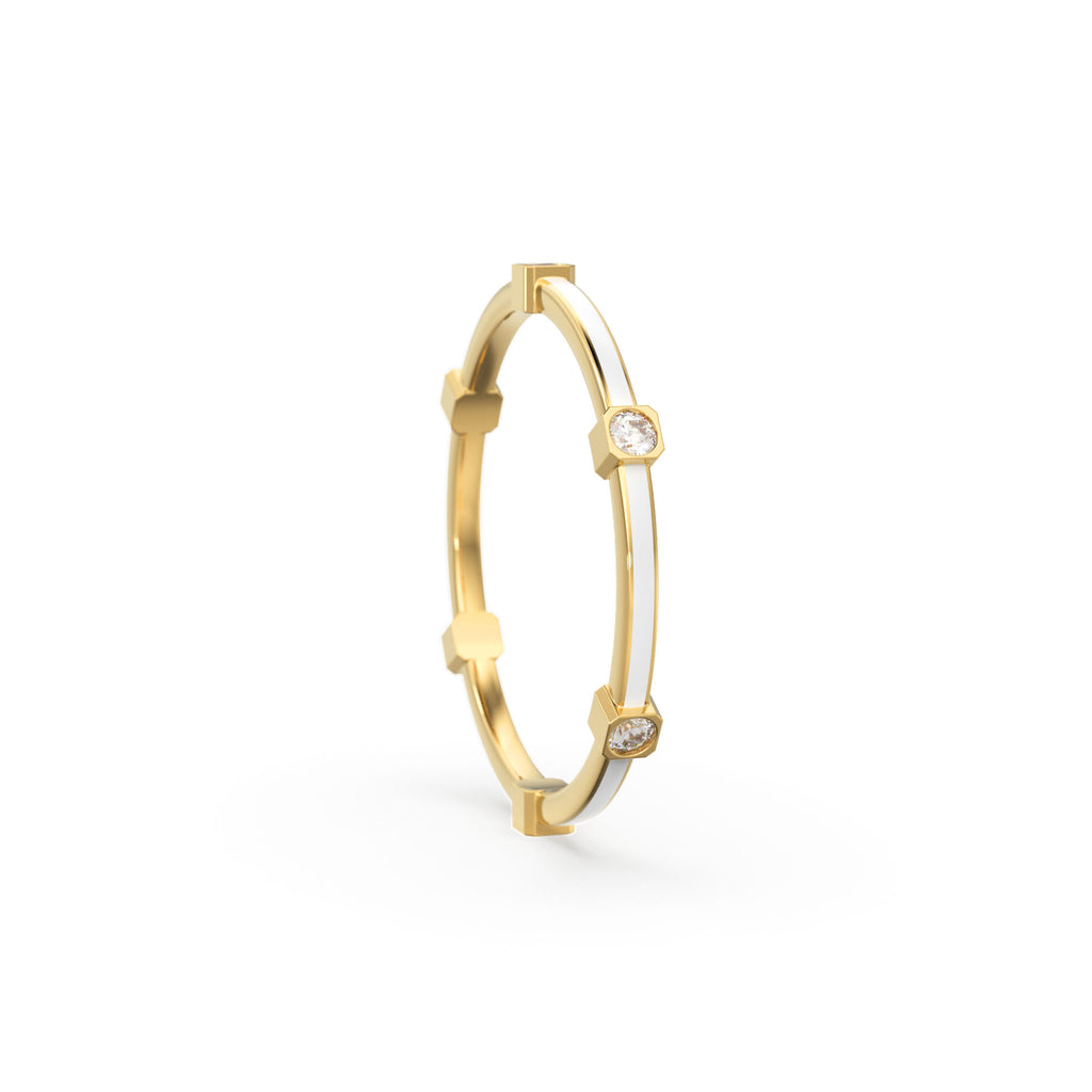 Diamond White Enamel Ring in 14k Gold / White Enamel Handmade Ring / Designer Gemstone Ring / Diamond Enamel Band/ Minimalist Round Cut Ring