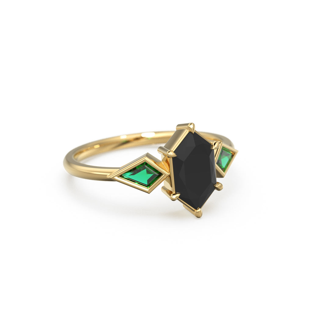 Elongated Black Spinel Gold Engagement Ring, Lab Emerald Kite Gemstone Ring for her, Black Gift for Toker