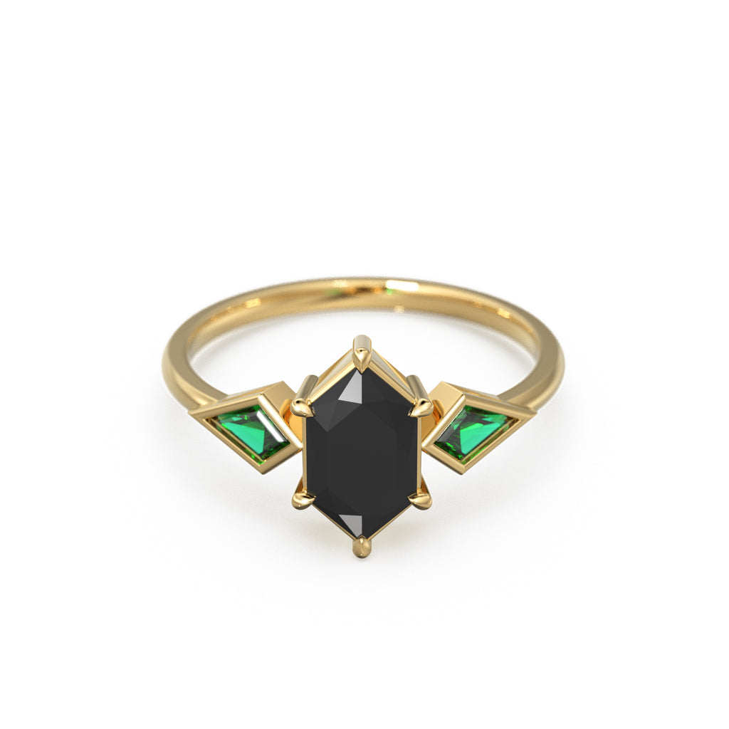 Elongated Black Spinel Gold Engagement Ring, Lab Emerald Kite Gemstone Ring for her, Black Gift for Toker